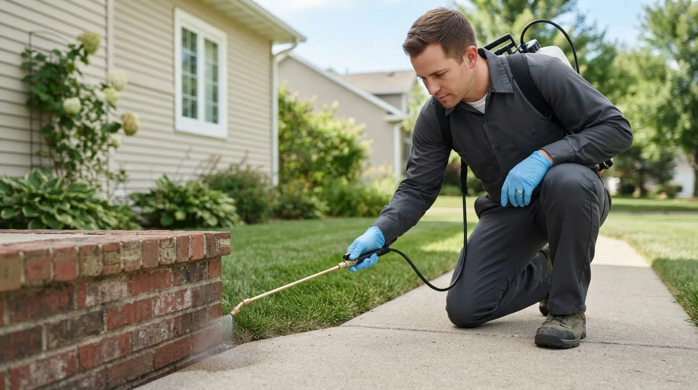 Pest control technician treating a home near Bennington, IN