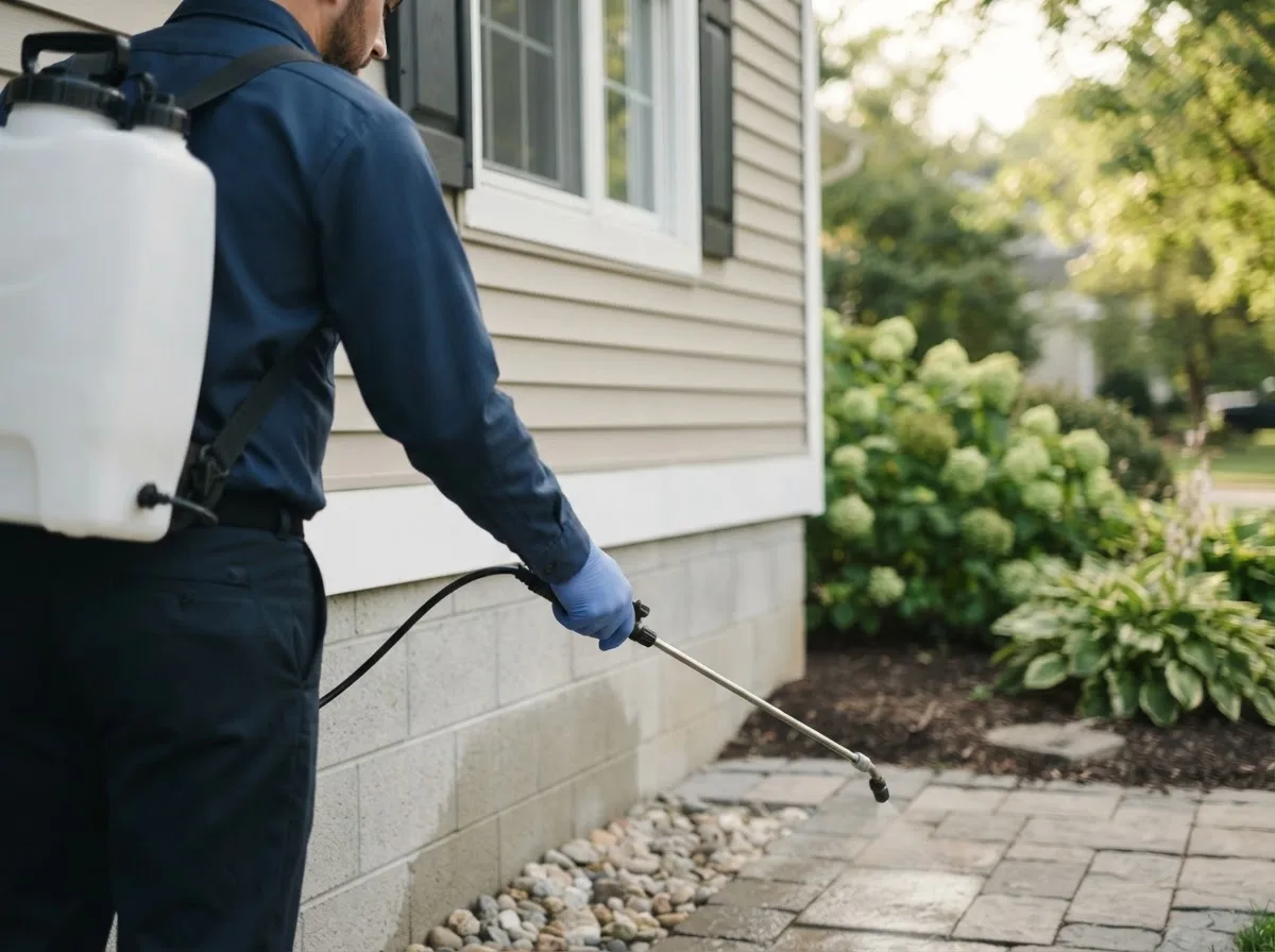 Pest control technician inspecting a home in Bennington, IN